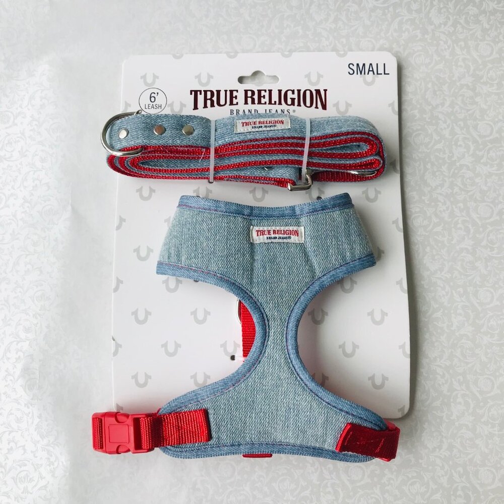 True Religion Pet Harness & Leash Set  Light Blue /Red Lined   Size : S